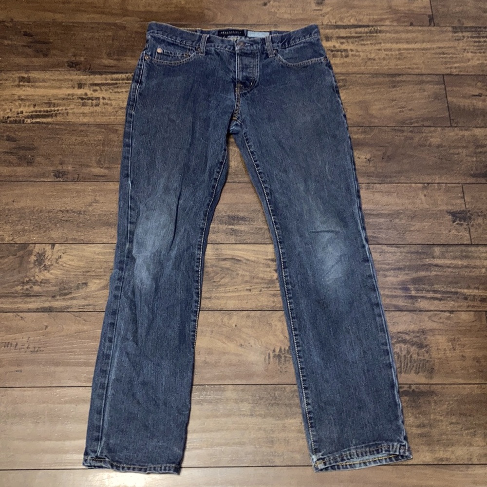 Light grey, slim straight jeans.